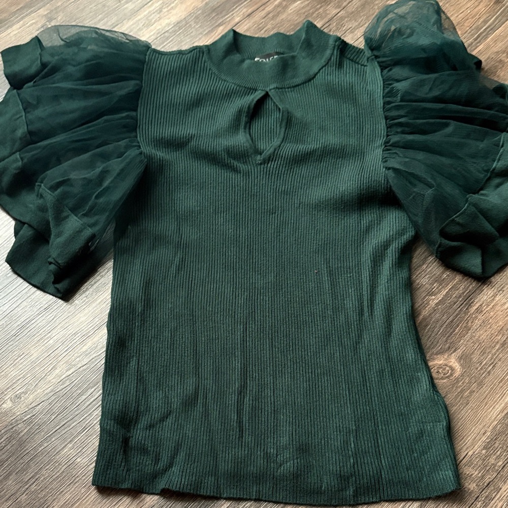 New York & Company Dark Green Sheer Puff Sleeve Blouse